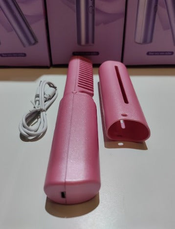 Mini Plancha De Pelo Recargable 2en1 Cepillo y Rizador Rosa