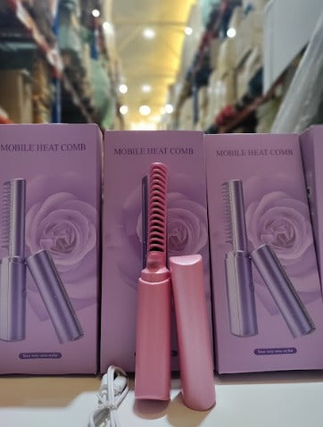 Mini Plancha De Pelo Recargable 2en1 Cepillo y Rizador Rosa