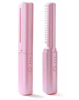 Mini Plancha De Pelo Recargable 2en1 Cepillo y Rizador Rosa