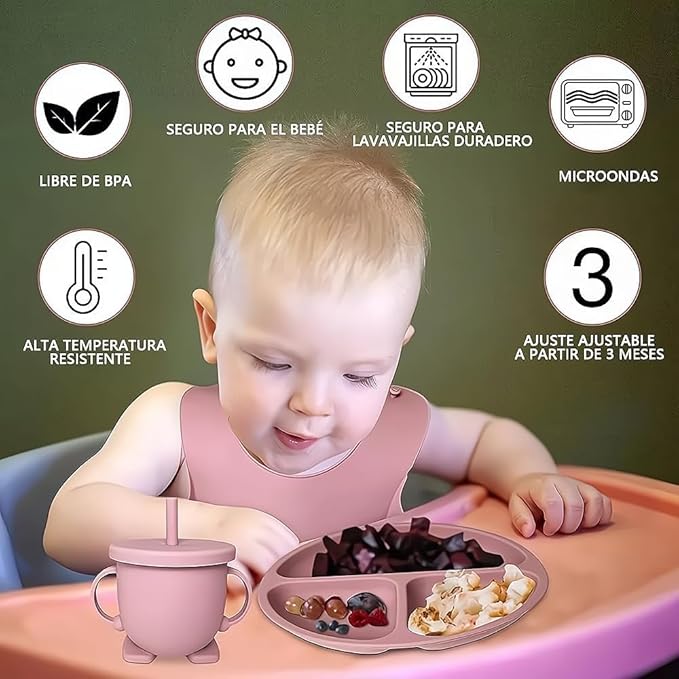 Set vajilla de silicona para bebe rosa