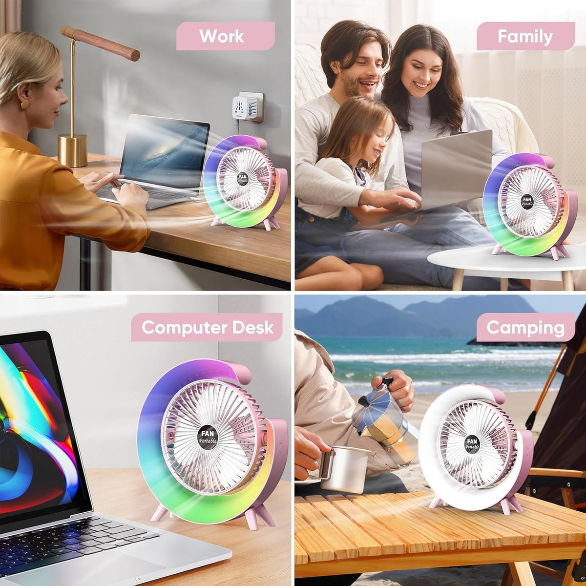 Ventilador de Mesa Portátil Blanco con Luz RGB