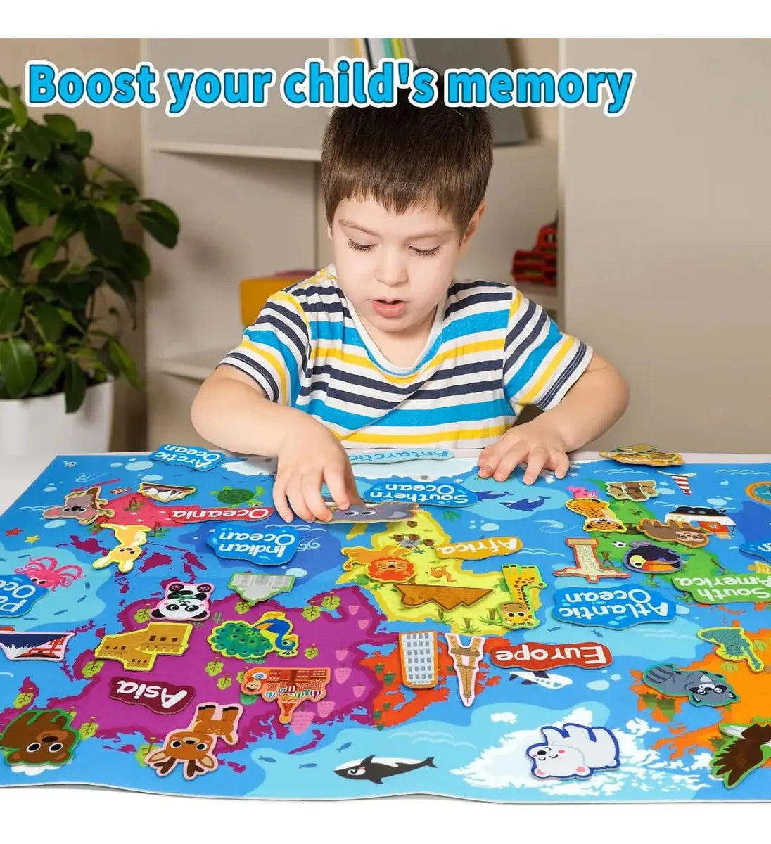 Juego educativo interactivo de mapa mundial en fieltro para niños – 45 piezas