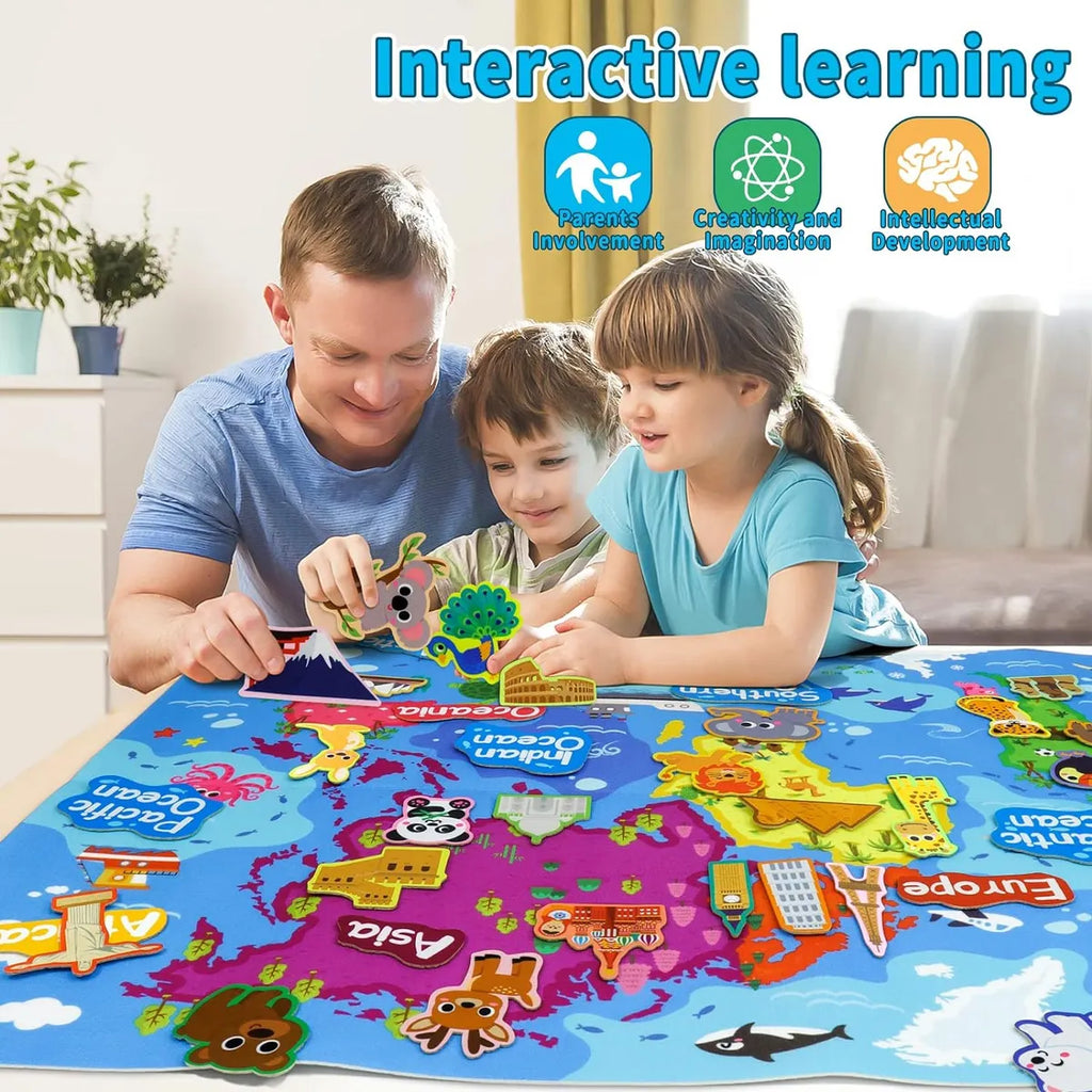Juego educativo interactivo de mapa mundial en fieltro para niños – 45 piezas
