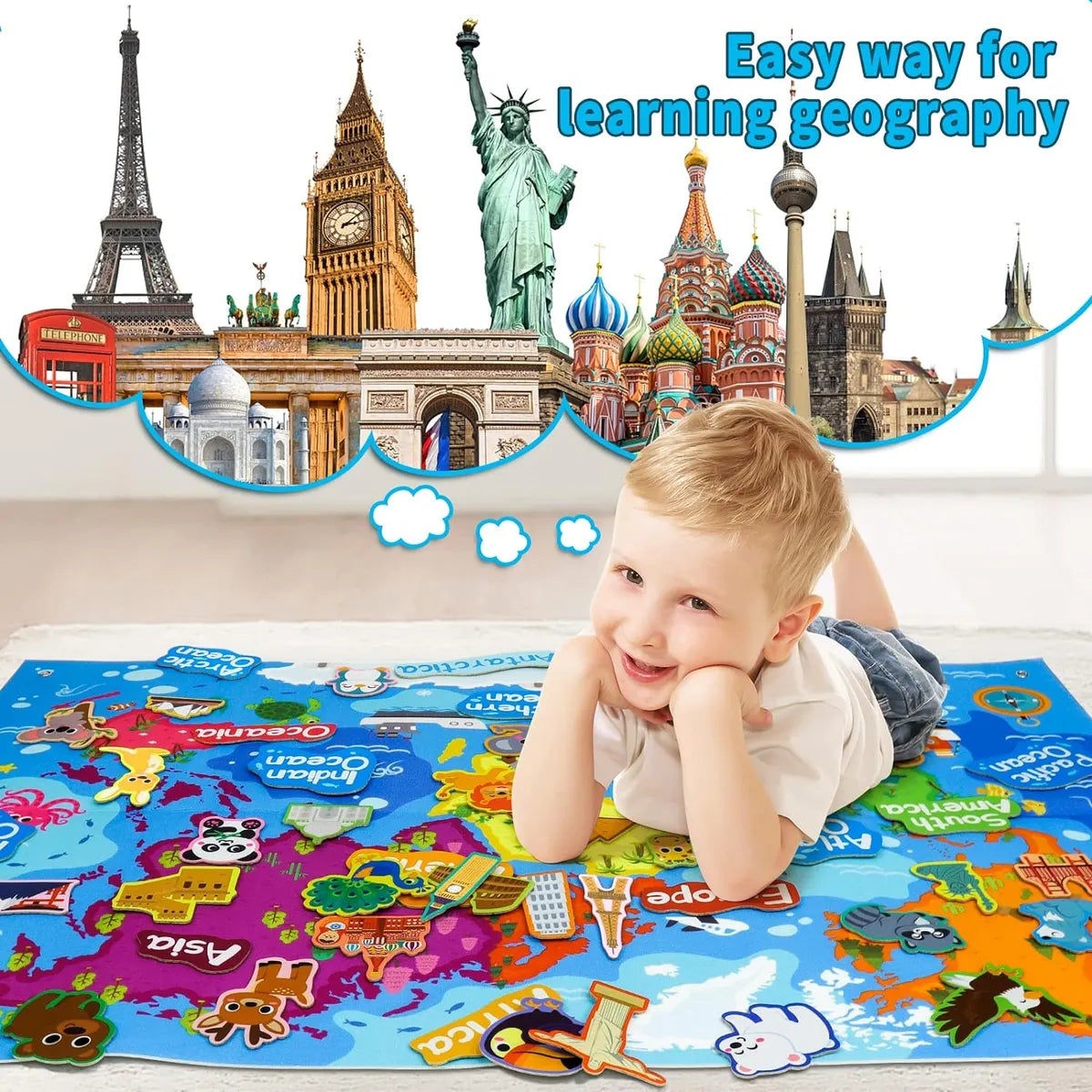 Juego educativo interactivo de mapa mundial en fieltro para niños – 45 piezas