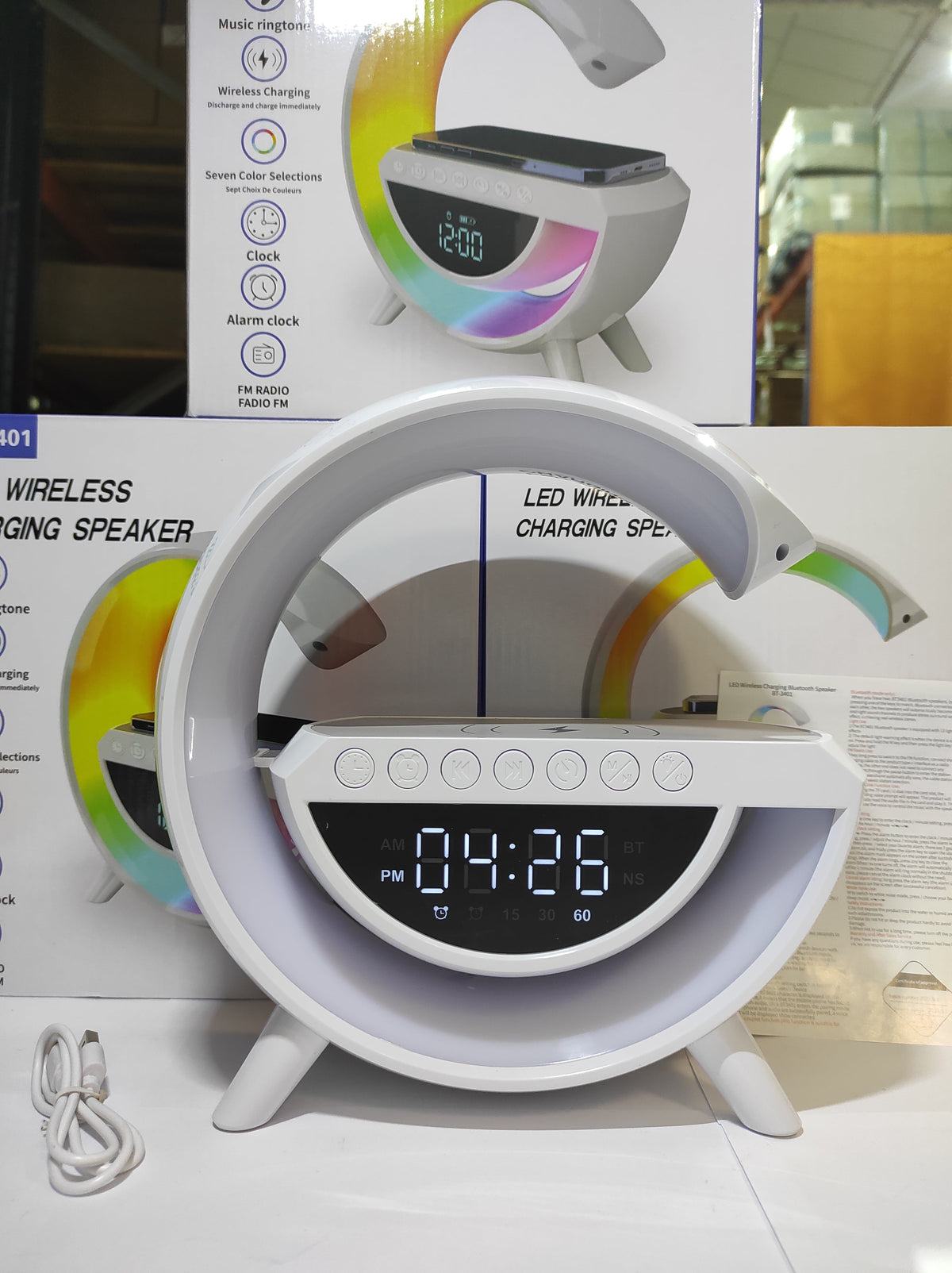 Altavoz Bluetooth G - Cargador inalámbrico + Lámpara LED + Reloj despertador