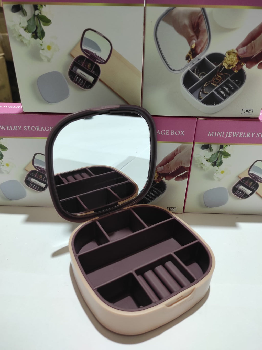 Mini joyero con espejo de viaje ( rosa , blanco )