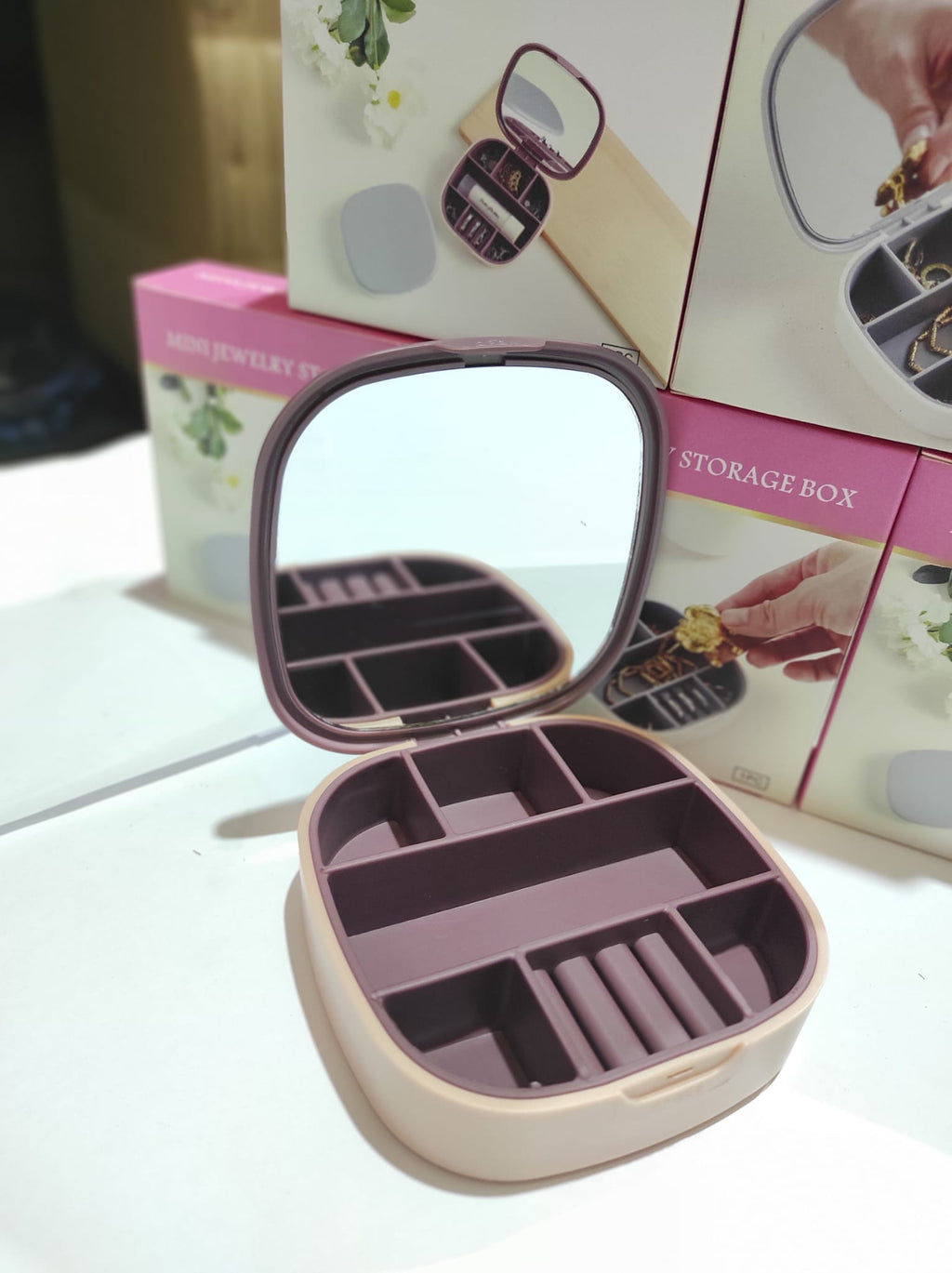 Mini joyero con espejo de viaje ( rosa , blanco )