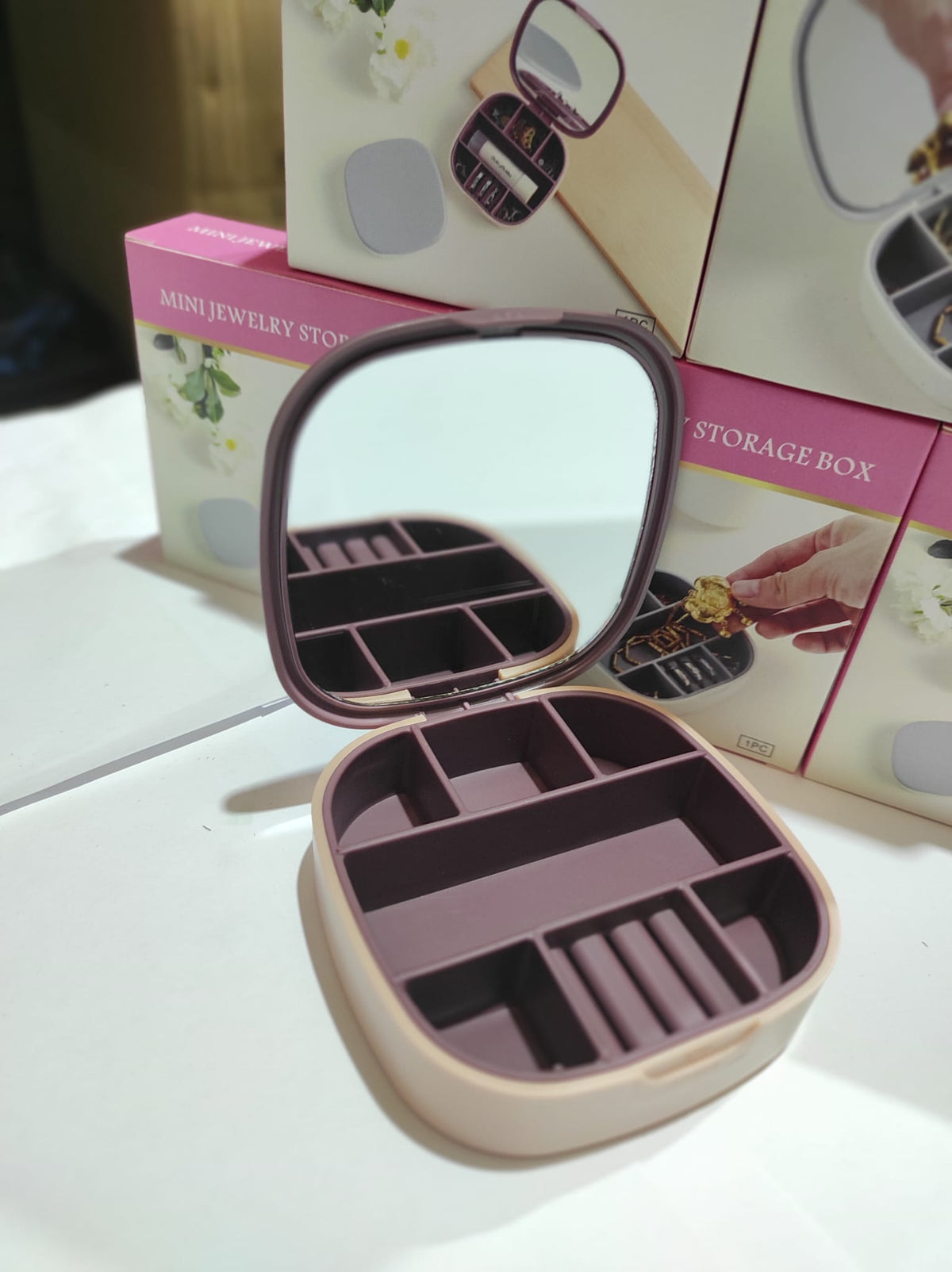 Mini joyero con espejo de viaje ( rosa , blanco )